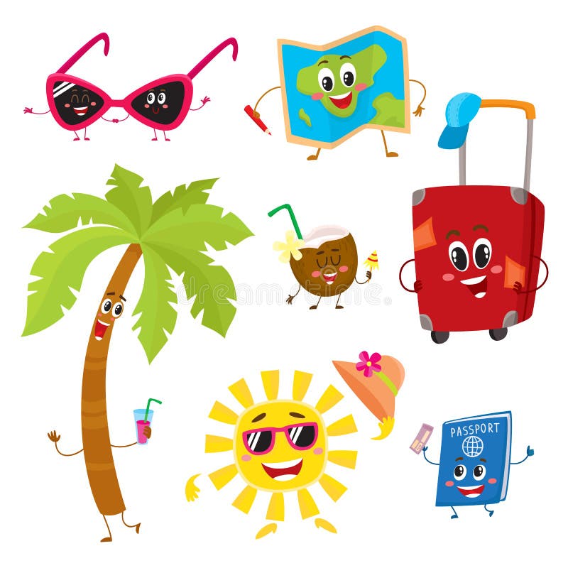 Attributes of summer vacation, travel to tropic countries as funny characters, cartoon vector illustration isolated on white background. Smiling sun, palm, suitcase, sunglasses, map, passport, coconut. Attributes of summer vacation, travel to tropic countries as funny characters, cartoon vector illustration isolated on white background. Smiling sun, palm, suitcase, sunglasses, map, passport, coconut