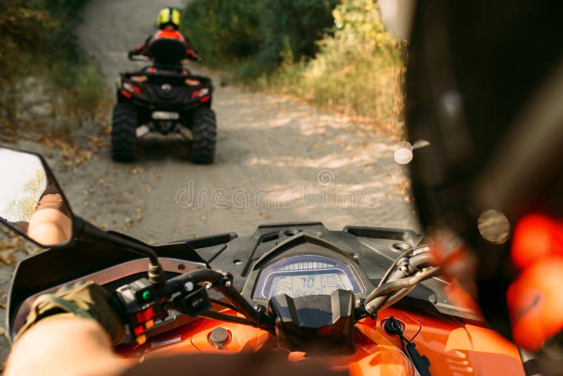 Atv riding, view through the eyes of driver