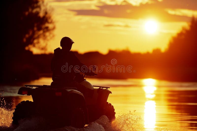 Atv τρέχει στον ποταμό με θέα το ηλιοβασίλεμα πάνω από το δάσος με σιλουέτα φόντο. τεχνητό