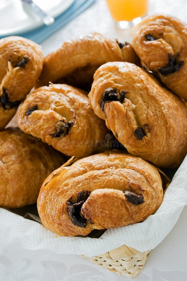 Pain au chocolat in a basket. Pain au chocolat in a basket