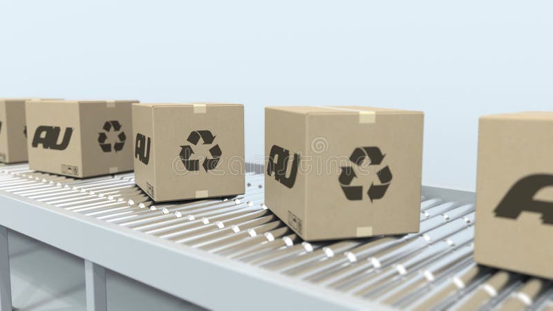 AU logo on moving boxes on roller conveyor. Loopable editorial 3D animation stock video footage