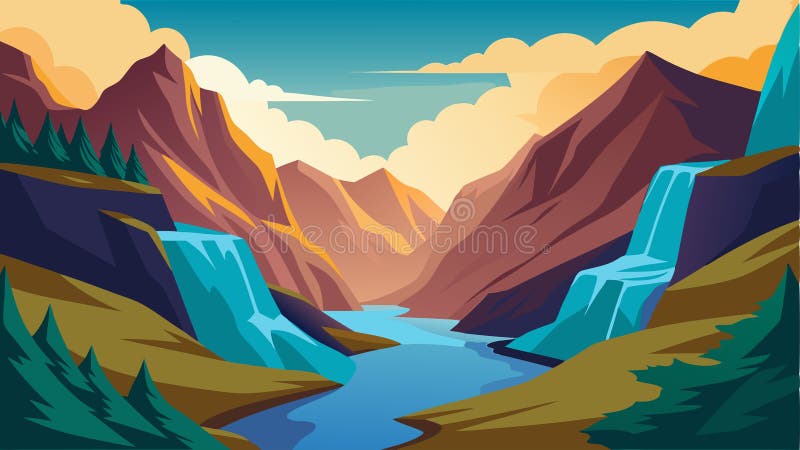 Au milieu d'un terrain rocheux, un ruisseau de montagne caché traverse un étroit fossé créant une scène pittoresque de nature illustration stock