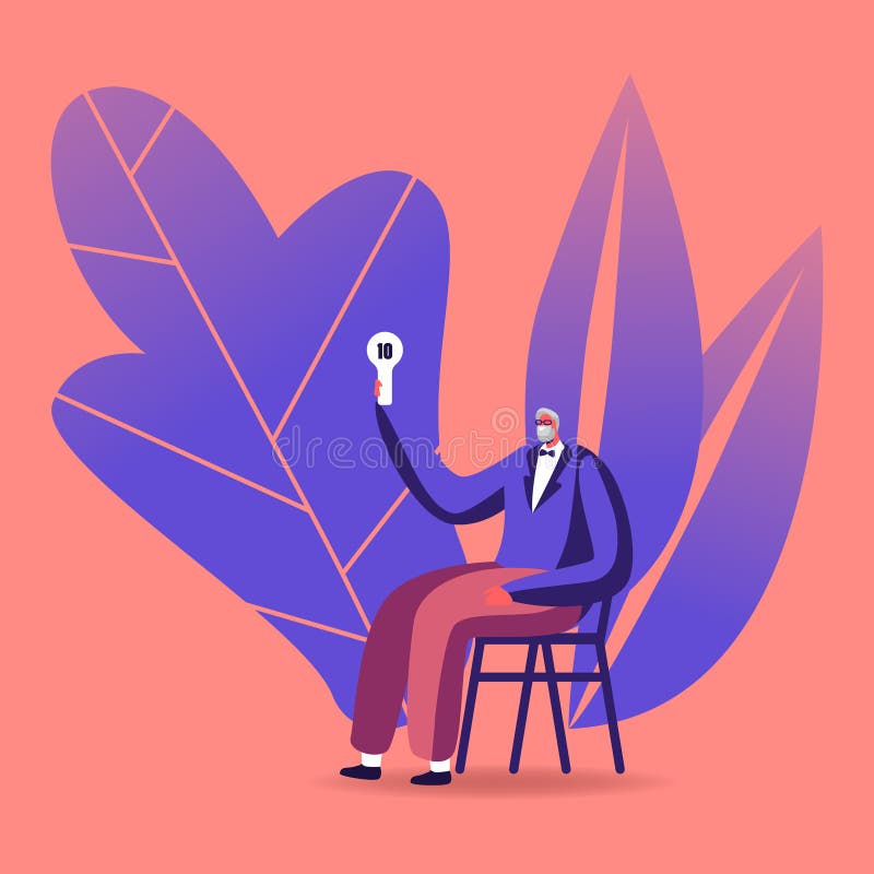 Auction Bidding Concept. Senior Male Character Wearing Suit and Neck Tie Sitting on Chair and Rising Bid Board. For Buying Asset. Collector during Auctioning stock illustration Auction Bidding Concept. Senior Male Character Wearing Suit and Neck Tie Sitting on Chair and Rising Bid Board. For Buying Asset. Collector during Auctioning stock illustration