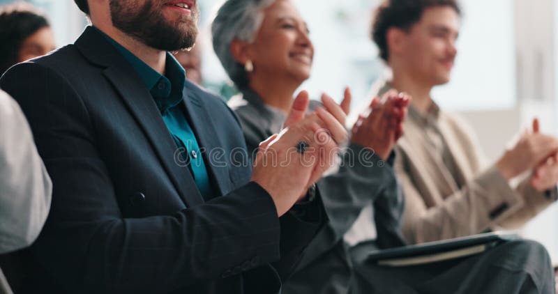 Audience, applause and group in workshop, celebration or success for training session or colleagues. Clapping, hands and stock video