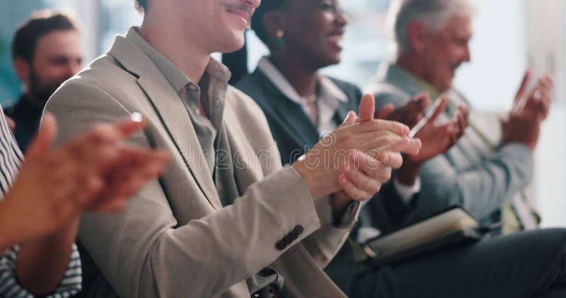 Audience, applause and hands in workshop, celebration or success for training session or group. Clapping, colleagues and stock video footage