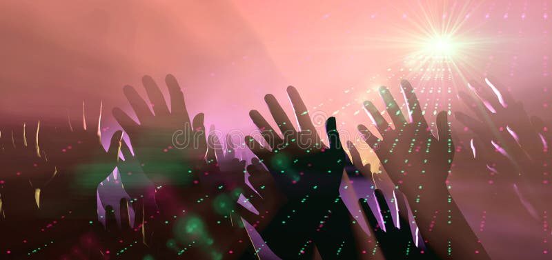 A crowd level view of hands raised from the spectating crowd interspersed by colorful spotlights and a smokey atmosphere. A crowd level view of hands raised from the spectating crowd interspersed by colorful spotlights and a smokey atmosphere