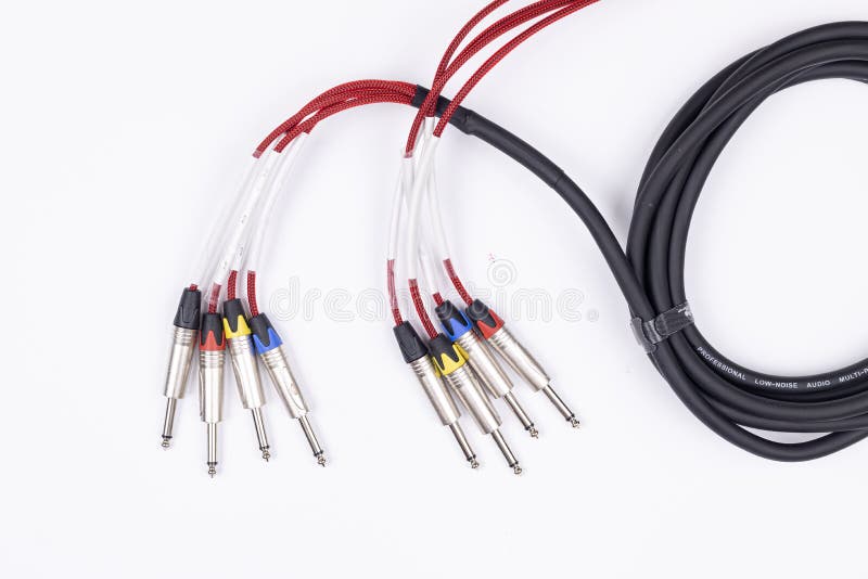 Audio Guitar and Microphone Cable Isolated Above White Background Stock
