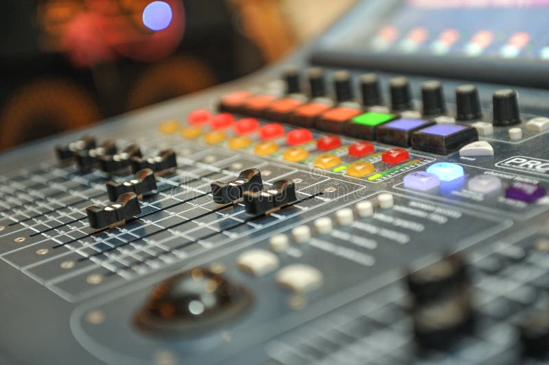 Audio mixer, music equipment. recording studio gears, broadcasting tools, mixer, synthesizer. shallow dept of field for music royalty free stock photography