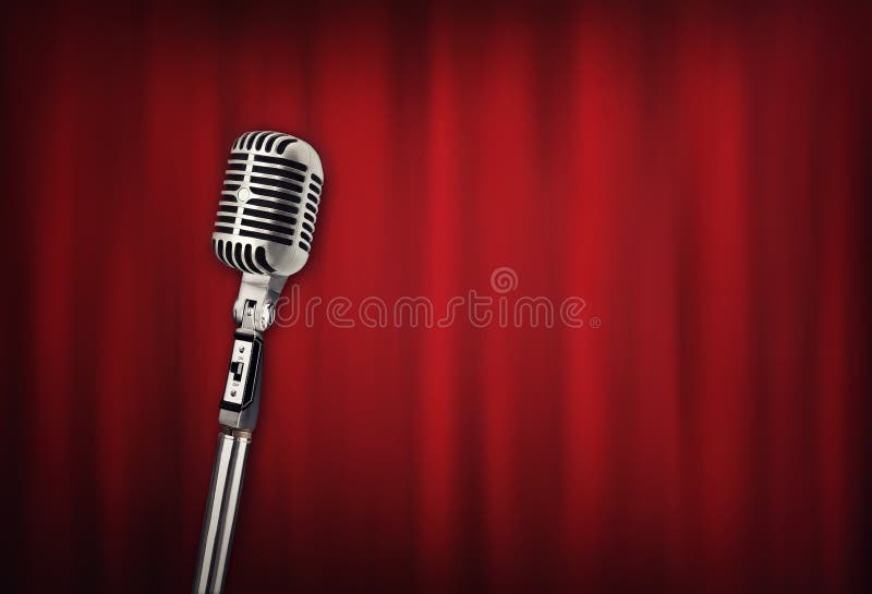 Audio retro microfoon met rood gordijn stock afbeelding Audio retro microfoon met rood gordijn stock afbeelding