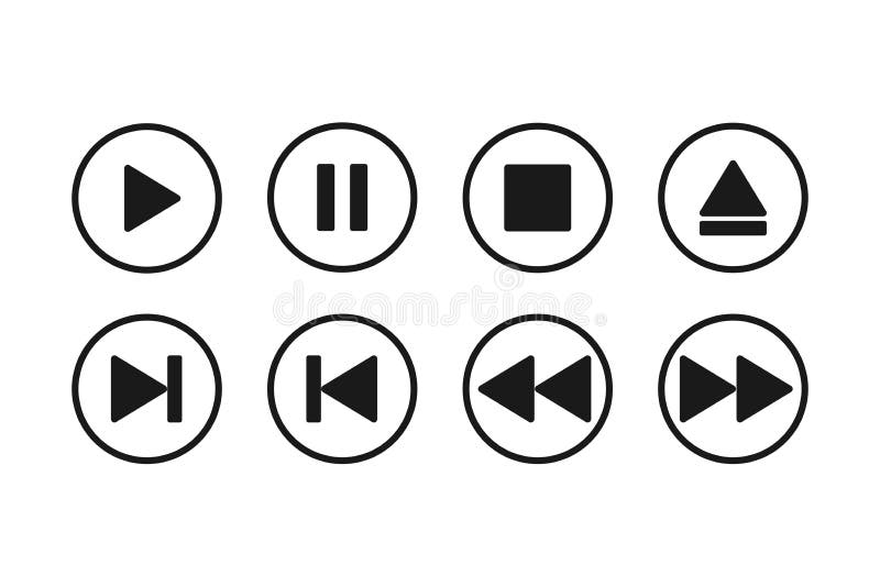Audio and video media player buttons. Play and stop multimedia icon. Rewind and pause controller. Triangle arrow interface in stock illustration