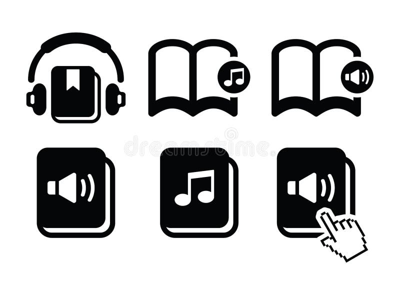 Poslech audioknihy černé ikony nastavit izolované na bílém.