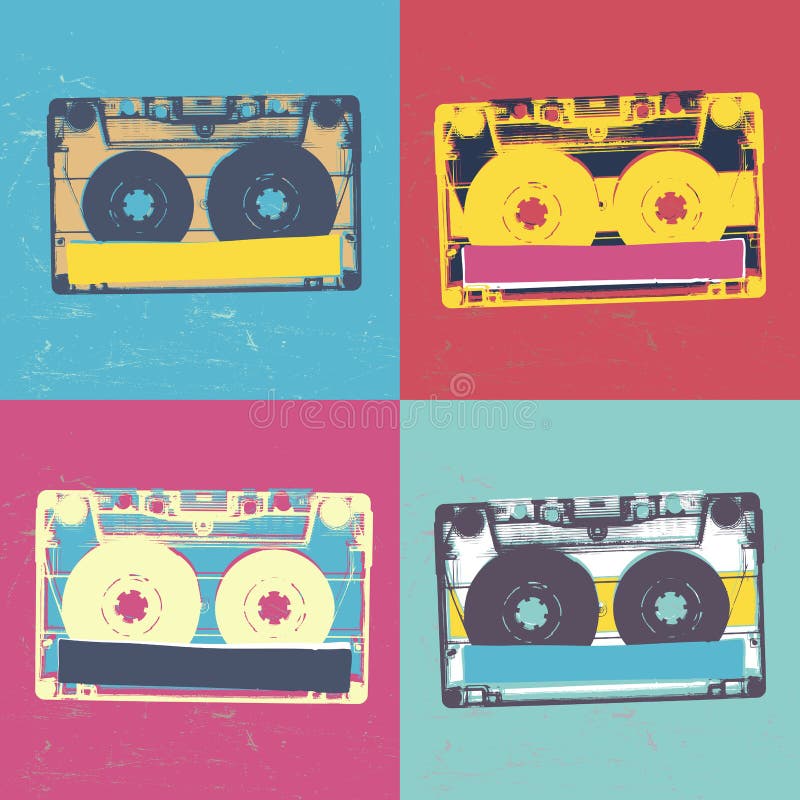 Audiocassette retro popart music seamless background. Audiocassette illustration pop-art seamless pattern. Retro audio cassettes