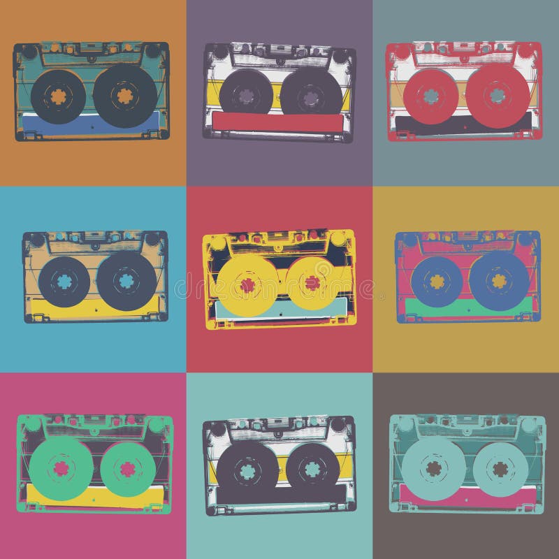 Audiocassette retro popart music seamless background. Audiocassette illustration pop-art seamless pattern. Retro audio cassettes