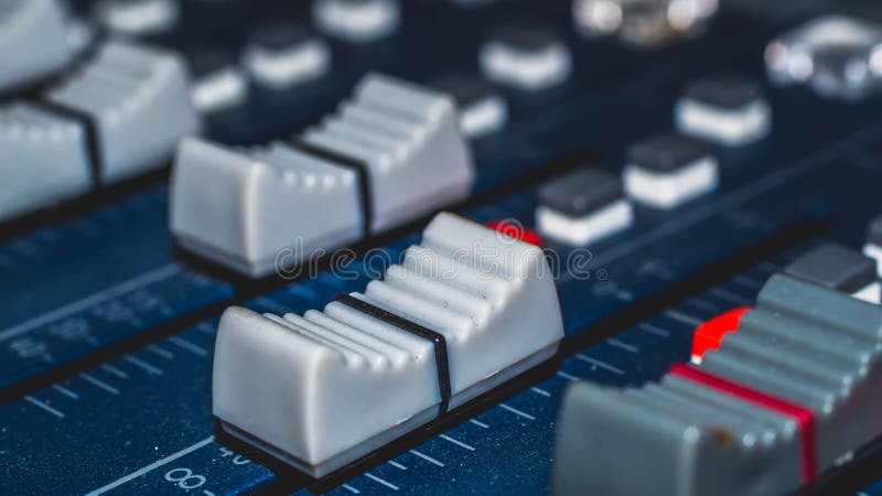 Audio mixer, music equipment, recording, studio gears, broadcasting tools, mixer, synthesizer with shallow depth of field. Audio mixer, music equipment, recording, studio gears, broadcasting tools, mixer, synthesizer with shallow depth of field