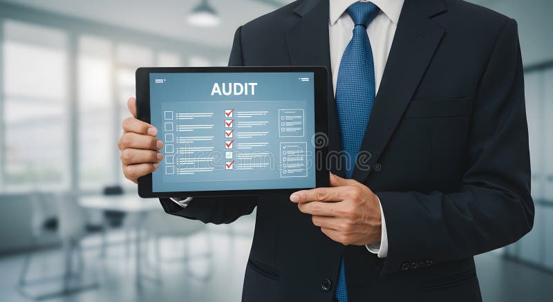 Audit checklist on tablet held by professional auditor in suit for compliance and financial review process vector illustration