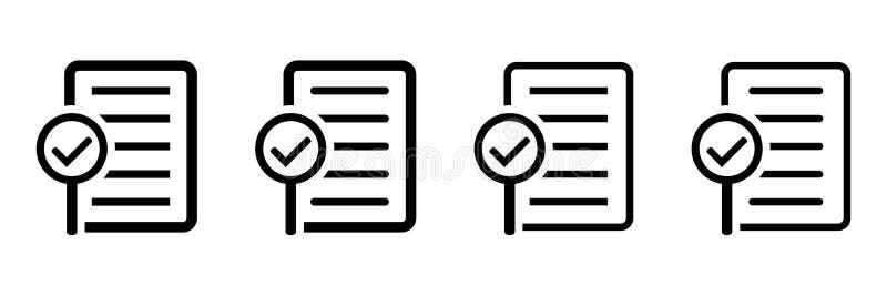 Audit icon. Document icon with magnifying glass and check mark. stock illustration