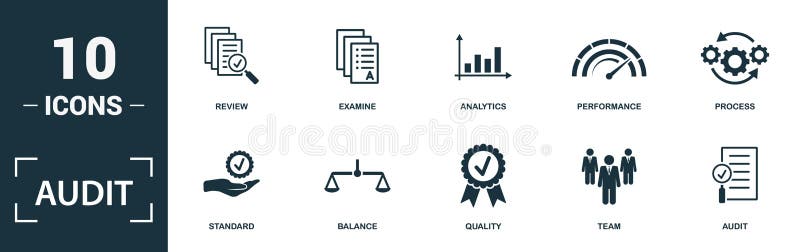Audit icon set. Monochrome sign collection with review, examine, analytics, performance and over icons. Audit elements set vector illustration