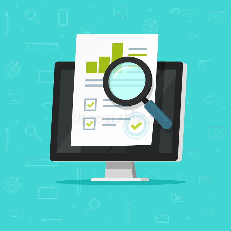 Audit research on computer vector illustration, flat cartoon paper financial report data analysis on pc, concept of stock illustration