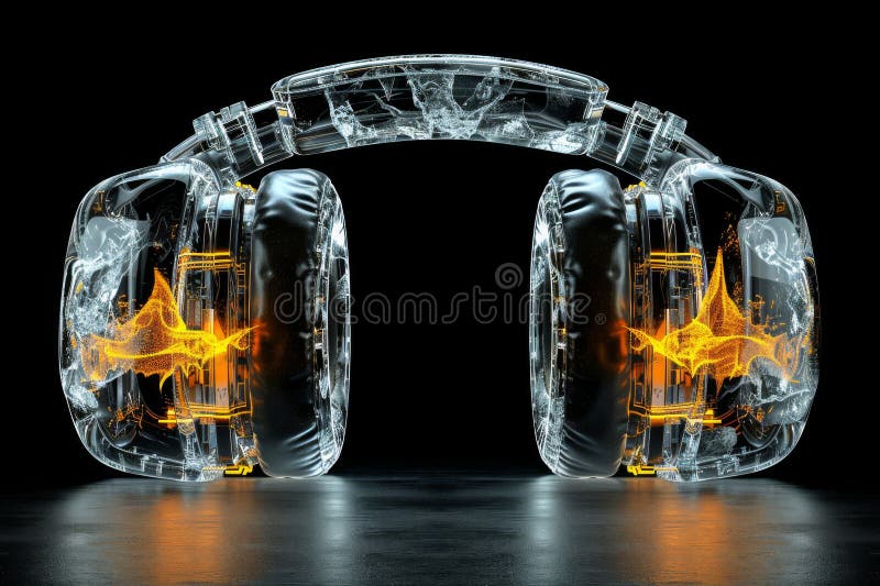 Audífonos futuristas transparentes con elementos neones mostrando tecnología de audio avanzada y diseño elegante. stock de ilustración