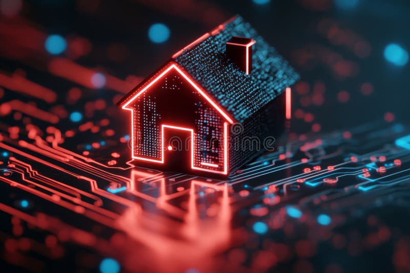 Auf der Platine befindet sich ein digitales, stilvolles Haus mit leuchtenden blauen und roten Lichtern stockfotografie