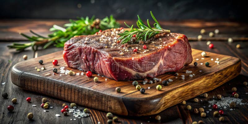 Auf einem rustikalen Holzbrett mit aromatischen Kräuter und Gewürzen steht ein gewürztes gegrilltes Steak. Generative AI stock abbildung