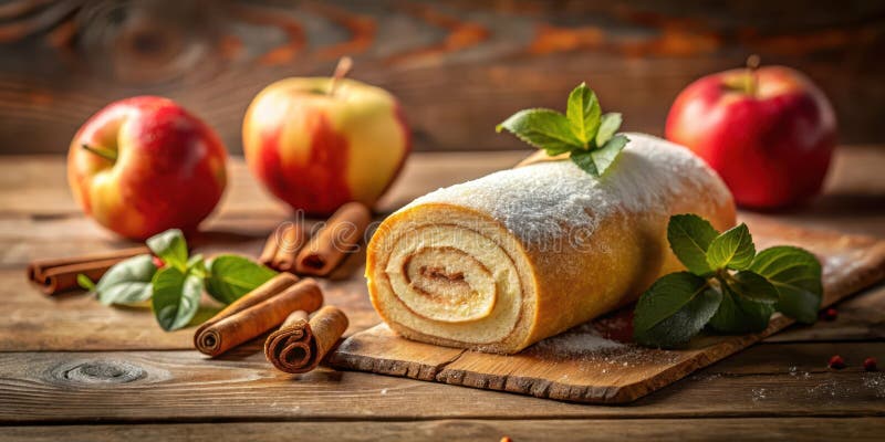 Auf einem rustikalen Holzbrett mit frischen Äpfeln steht eine köstliche Apfelschwein mit Zuckerpulver. vektor abbildung