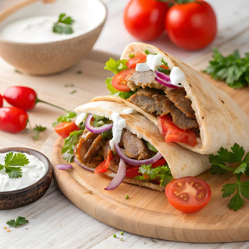 Auf einem Teller befinden sich zwei Pita-Sandwiches neben einer Schüssel Jogurt, die eine köstliche und einladende Mahlzeit servie lizenzfreie abbildung