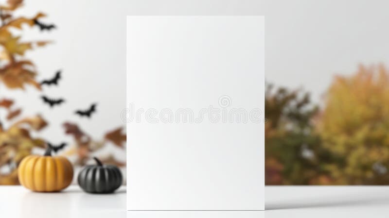 Auf einem weißen Tisch wird eine leere, leere, senkrechte Papierkarte angezeigt, deren Kürbis- und Fledermausdekorationen auf halb lizenzfreies stockfoto