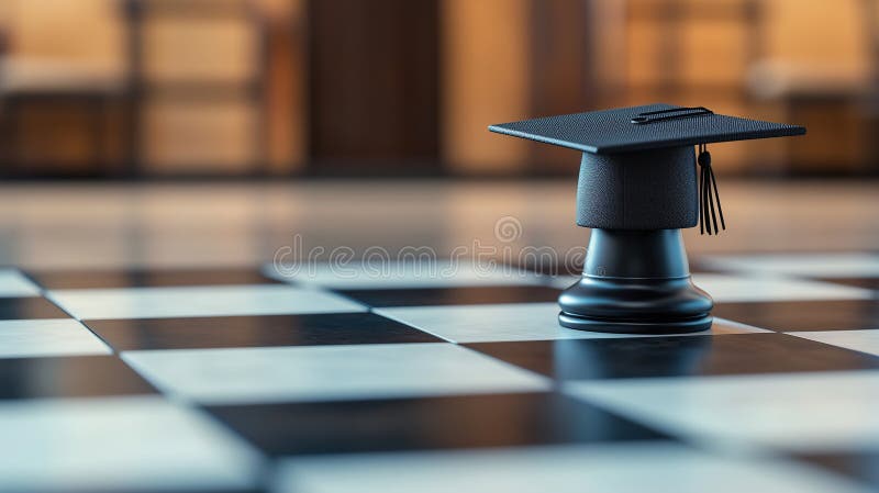 Auf einer großen Schachhalle, die auf einem schwarz-weißen Boden mit Schachbrettmuster platziert ist, wird ein Graduierungsdeckel lizenzfreie abbildung