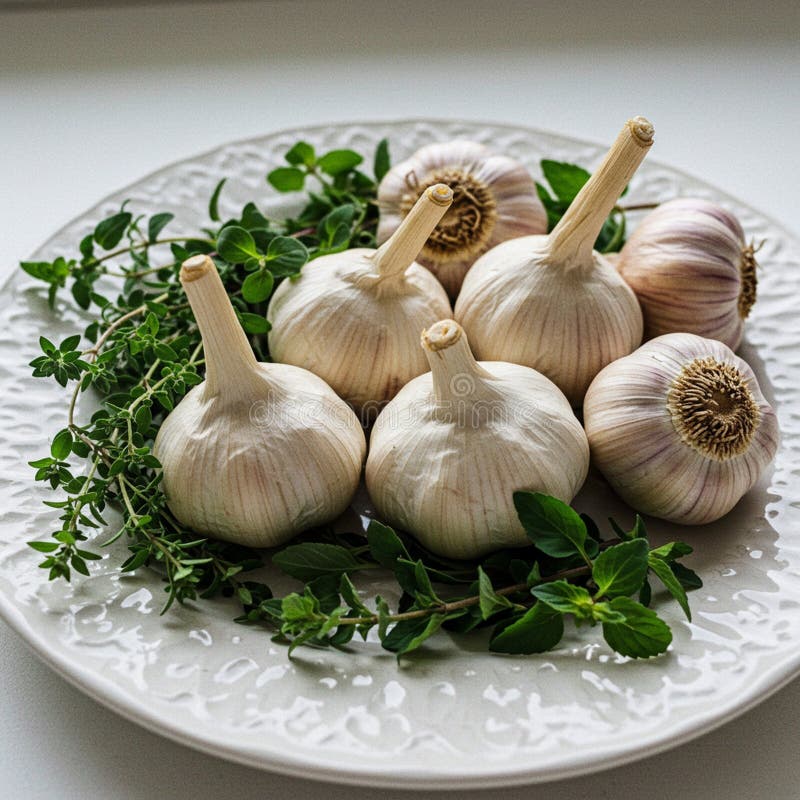 Auf einer weißen Platte befinden sich mehrere Knoblauchzwiebeln Allium sativum mit blassweißen Papeln stock abbildung