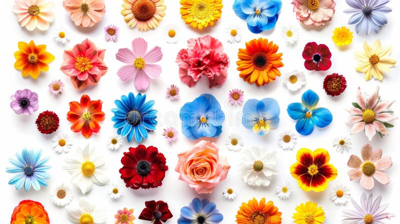 Isolated on white, 120 in 1 natural and surreal flowers in blue, orange, red, yellow, turquoise, and pink colors. AI generated. Isolated on white, 120 in 1 natural and surreal flowers in blue, orange, red, yellow, turquoise, and pink colors. AI generated