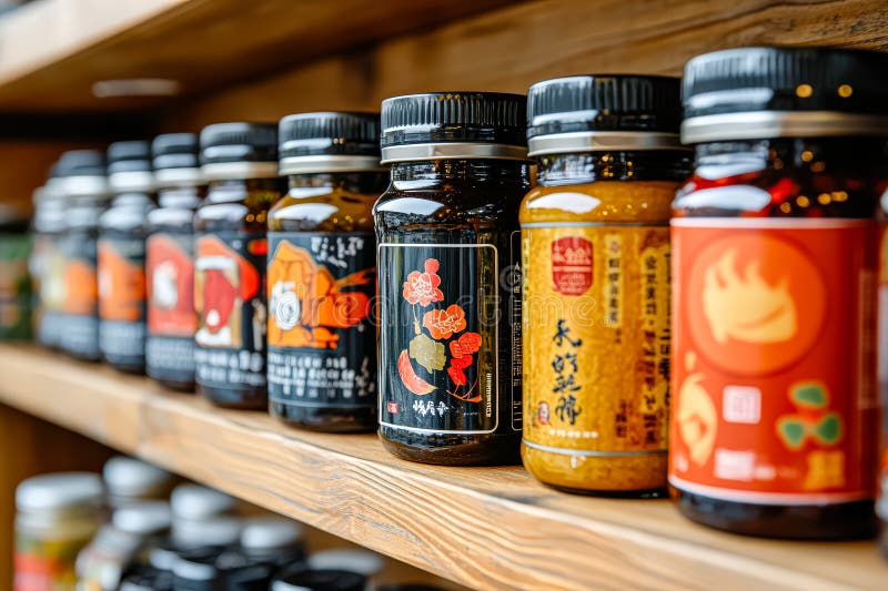 Aufbewahrung von Gewürzen mit asiatischen Schriften stockbild
