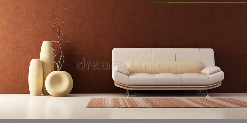 Aufenthaltsraumraum mit Couch und Vasen lizenzfreie abbildung Aufenthaltsraumraum mit Couch und Vasen lizenzfreie abbildung
