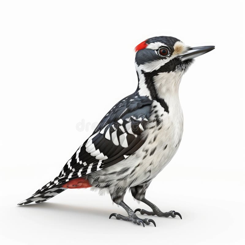 Auffallender BlackandWhite-Specker isoliert auf weißem Hintergrund. Detaillierte 3D-Darstellung eines Speckers mit seinem auffallenden Schwarz-Weiß-Absturz vor einem reinen weißen Hintergrund. Ideal für Naturdokumentationen oder jedes Projekt, das ein hochwertiges Bild dieses faszinierenden Vogels erfordert.