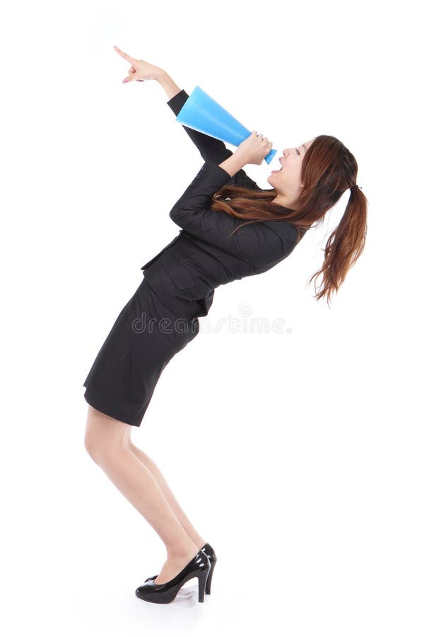 Excited business woman yelling through megaphone and finger point up with full length isolated on white background, model is a asian woman. Excited business woman yelling through megaphone and finger point up with full length isolated on white background, model is a asian woman