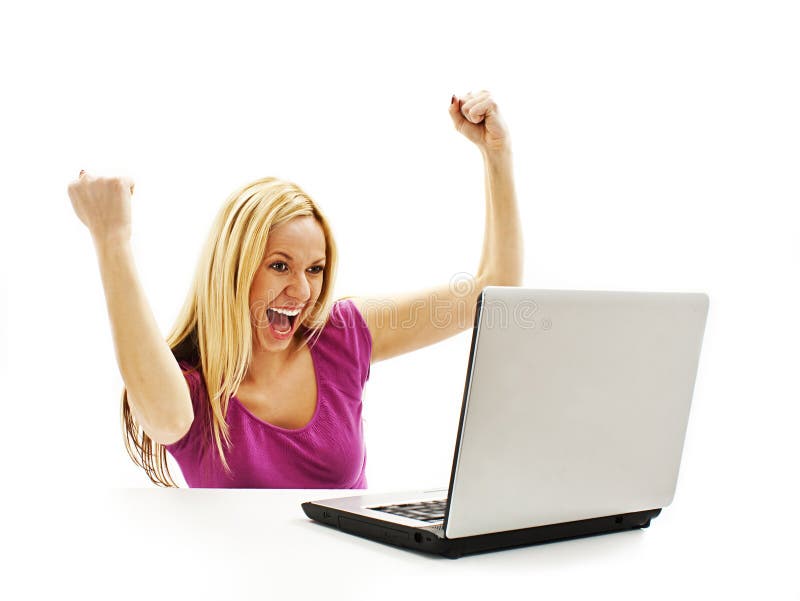 Portrait of attractive surprised excited smile business woman sit at desk hold hand up looking at laptop screen, isolated over white background, Winner businesswoman with success. Portrait of attractive surprised excited smile business woman sit at desk hold hand up looking at laptop screen, isolated over white background, Winner businesswoman with success