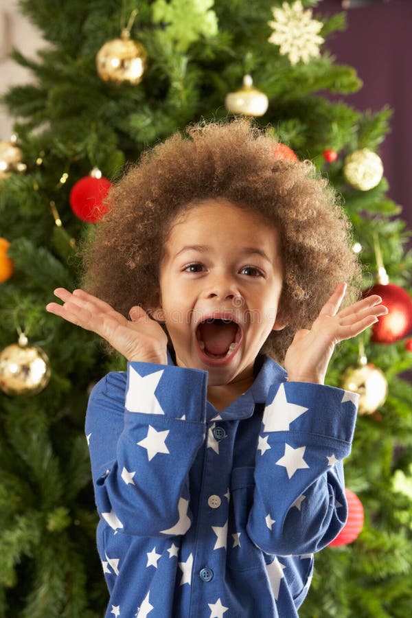 Excited Young Boy In Front Of A Christmas Tree. Excited Young Boy In Front Of A Christmas Tree
