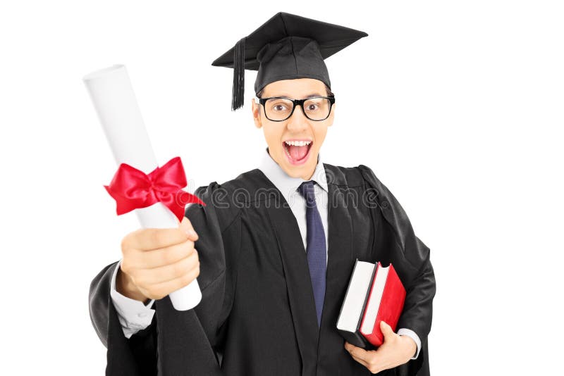 Excited male graduate student holding a diploma isolated on white background. Excited male graduate student holding a diploma isolated on white background