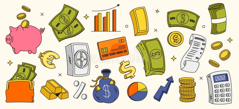 Aufkleber für Retrofinanzierungen. Cartoon 90er Geldmünzen Goldersparnisse und Haushaltsfinanzmanagement Symbole Y2k Doodle Guthab stock abbildung