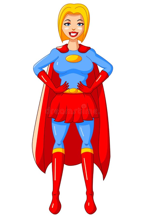 Aufkleber-Karikatur-Superheld-Frauen-Charakter-rote blaue Klage vektor abbildung