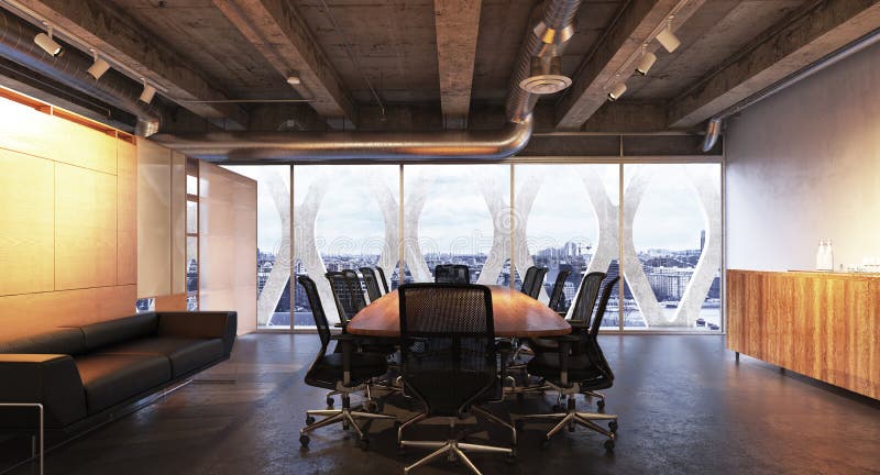 Aufstiegs-Bürokonferenzsaal des modernen leeren vollziehendgeschäfts hoher, der eine Stadt mit industriellen Akzenten übersieht
