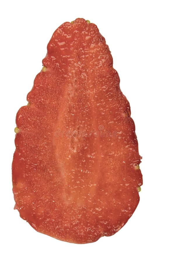 Aufteilung Schnitterdbeerscheiben-Oberflächenabschluß makroweißes isoliert stockbild