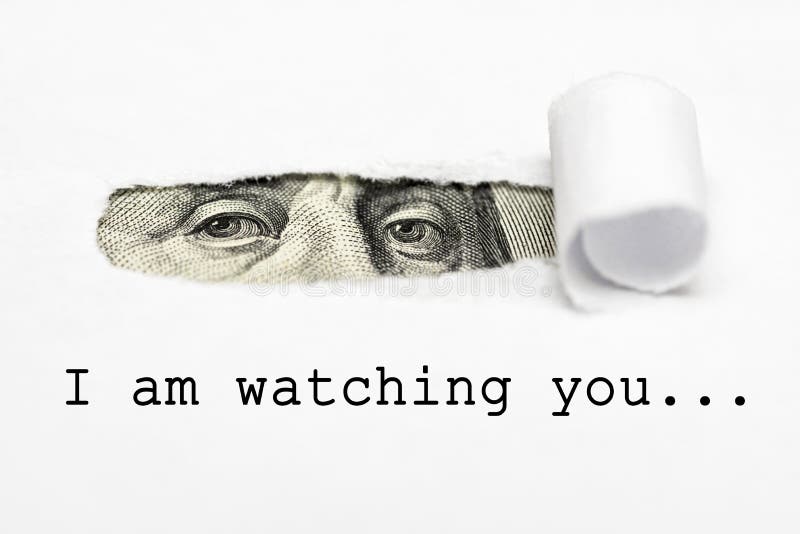 Eyes of Benjamin Franklin`s with text I am watching you!  Big brother is watching you. Eyes of Benjamin Franklin`s with text I am watching you!  Big brother is watching you.