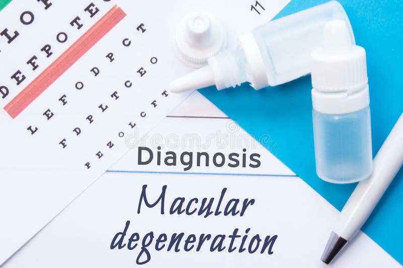 Ophthalmology diagnosis Macular Degeneration. Snellen eye chart, two bottles of eye drops medications lying on note with inscription Macular Degeneration diagnosis in ophthalmologist office. Ophthalmology diagnosis Macular Degeneration. Snellen eye chart, two bottles of eye drops medications lying on note with inscription Macular Degeneration diagnosis in ophthalmologist office
