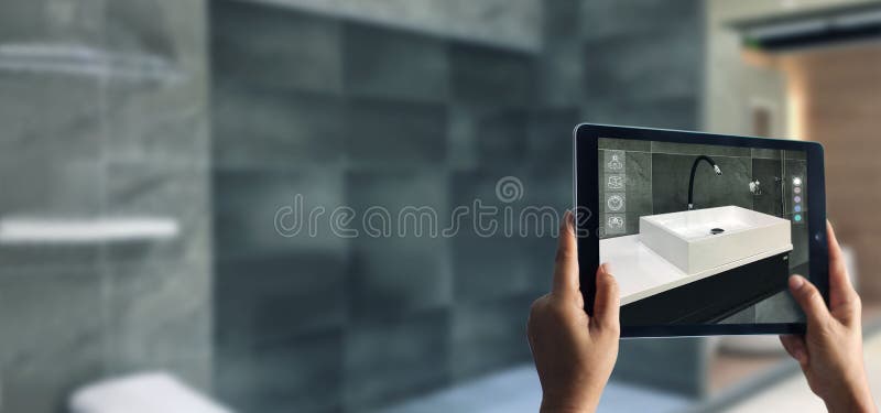 Augmented Reality bathroom planning. Sanitary ware. Hand holding digital tablet in real home background royalty free stock photos Augmented Reality bathroom planning. Sanitary ware. Hand holding digital tablet in real home background royalty free stock photos