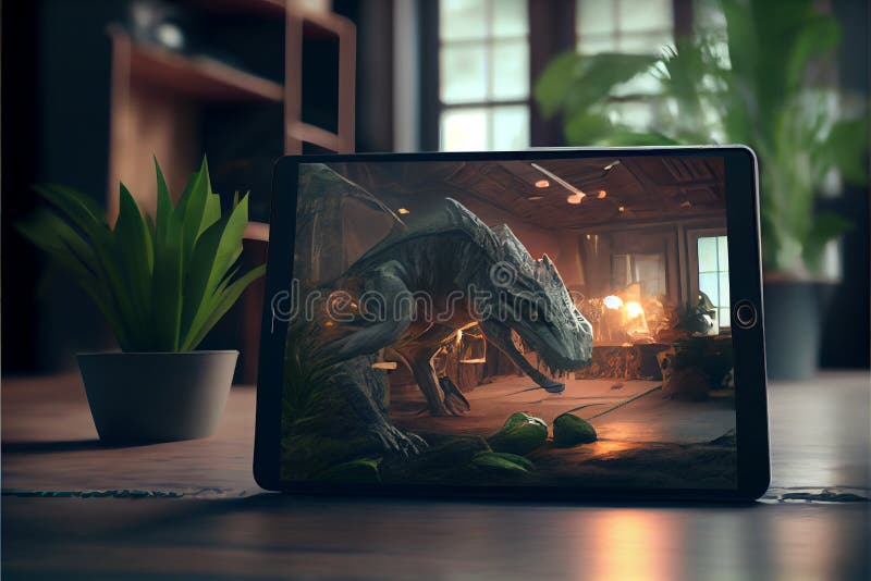 Augmented Reality Device Using at Home with Magic Game Dragons. Augmented Reality on Tablet