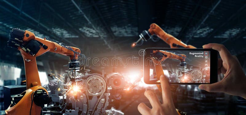 Augmented reality industry concept. Hand holding mobile smartphone use AR application to check and control welding robotics royalty free stock image Augmented reality industry concept. Hand holding mobile smartphone use AR application to check and control welding robotics royalty free stock image