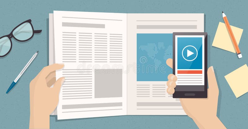 Man reading a magazine and viewing augmented reality content and news on a page using a smartphone, technology and communication concept. Man reading magazine vectors