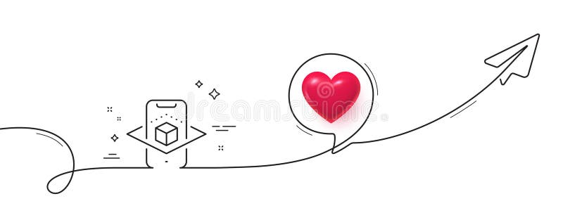 Augmented reality phone line icon. VR simulation sign. 3d cube. Continuous line with plane. Vector vector illustration
