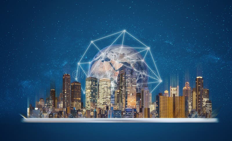 Augmented reality, smart technology and smart city technology. Digital tablet with building hologram and global network connection royalty free stock images